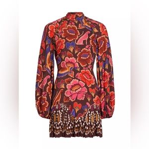 FARM RIO Satin Floral Long-Sleeve Minidress